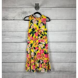 Eliza J Women's Yellow Floral Mock Neck Spring Sleeveless Mini Dress Size 8